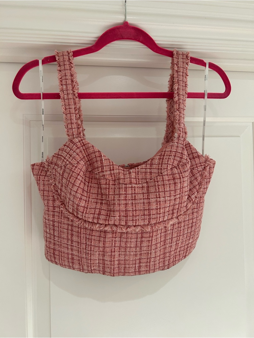 Guess Pink Tweed Crop Top with Structured Bust